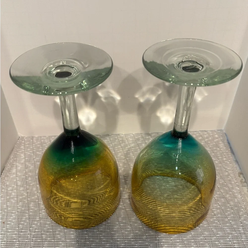 Pier 1 Imports Blue & Amber Hand Blown Thick Glass Goblets, 7 in. Set of Two